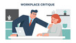 © FarzanaAkter - Angry male boss in a suit aggressively criticizes and points at a stressed female employee at her office desk.