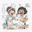 © Mehedi - Two friends laughing and having fun baking cookies in home kitchen.
