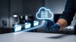 © dhiyaulhaq - Cloud engineer managing digital cloud migration process using futuristic holographic technology interface