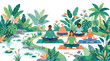 © Mucher - Diverse Group Practicing Yoga Meditation in Lush Tropical Garden Oasis, Promoting Wellness and Mindfulness