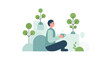 © Andy - A peaceful illustration of a man sitting cross-legged among stylized green trees, holding a steaming mug of hot beverage.