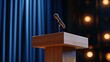© Ragiel - Wooden podium with microphone on stage, dramatic blue curtain, warm lights