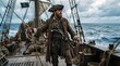 © mus  - Pirate captain standing on ship deck. Swashbuckling sailor on a vessel. Maritime adventurer at sea