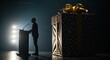 © hola - Silhouette Man Speaking at Podium Near Large Gift Box