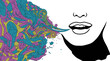 © Dizzi - Ilustración artística de un perfil femenino con la boca abierta expulsando una nube abstracta de patrones psicodélicos coloridos en tonos turquesa, violeta y amarillo sobre fondo blanco.