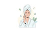 © Noman - Beautiful young woman in a white bathrobe and towel turban applying moisturizer to her face for a healthy skincare routine.