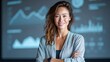 © SynthiView - Confident businesswoman with arms crossed in front of a data analytics projection screen