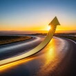 © yuwaree - A luminous golden growth arrow follows a winding asphalt road leading toward a bright morning sunrise, symbolizing business progress and goal achievement, morning, concept, sky