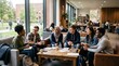 © Felippe Lopes - Diverse group of young students collaborating and socializing in a modern university common area