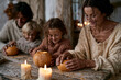 © lashkhidzetim - Cozy autumn scene with family carving pumpkins. Warm candlelight illuminates their joyful expressions. Wooden table, rustic background, intimate gathering