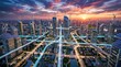 © Veayo - A futuristic cityscape glows with vibrant energy under a dramatic sunset.