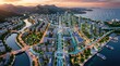 © Veayo - A futuristic cityscape sprawls across a coastal region, blending urban development with natural landscapes.