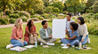 © Creative Valley - Multicultural friends and colleagues collaborating outdoors around a blank presentation board, celebrating teamwork, creativity, diversity, leadership, planning, learning and community