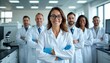 © miss irine - Diverse group of pro scientists standing in modern clinical laboratory. Female lead researcher wears glasses, lab coat with blue gloves smiles at camera. Colleagues work together on medical biotech