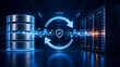 © Home Stock - Large blue circular sync arrows surrounding a secure data transfer process between a database and server rack in a datacenter
