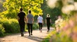 © oksa_studio - Friends walking together along a sunny park path with a group of people in nature
