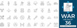 © MdAzizar - War line icon set featuring military conflict, battlefield combat, weapons, defense armor, and tactical army equipment. Professional editable outline vector illustration for history app
