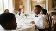© Paul - An elegant dining scene featuring a young boy in a white shirt and bow tie with friends.