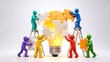 © Specific AI - Colorful 3D figures working together to assemble a glowing lightbulb made of colored puzzle pieces symbolizing diverse teamwork and creative problem solving