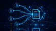 © Home Stock - Futuristic glowing document icons sending data streams to central file inside circular hud representing advanced cyber information management system