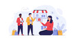 © Jose - Diverse group of people shopping online with delivery bags and a storefront illustration, representing e-commerce and retail.