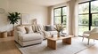 © cempaka - Modern minimalist living room interior with beige sectional sofa, wooden coffee table, and large windows