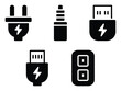 © Sultana - さまざまな電子充電プラグ USBコネクター 電源ソケットインターフェイスシンボルを表す白黒コレクション