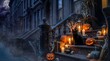 © Fathia A.M. - Spooky Nighttime Halloween Decoration Scene on a Brownstone Building Stoop