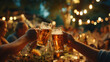 © Norman - Cheers to Good Times: Two hands clink their glasses filled with frothy beer in a toast during an outdoor evening gathering, illuminated by the warm glow of fairy lights.