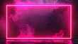 © cahyaningrum - Glowing pink neon rectangular frame with abstract pink smoke and particles on a dark textured background, modern design
