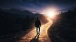 © Imam Muaziz - A lone man walking on a glowing path towards a bright sunrise in the mountains.