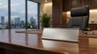 © JahiPix - Empty silver name plate sign on a wooden office desk in a modern corporate boardroom with a city skyline view at sunset