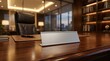 © JahiPix - Blank metal name plate on a luxury wooden executive office desk in a dark modern professional business workspace interior