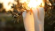 © IroHa - White linen cloth on olive branch in morning sun, serene minimalist scene.