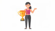 © Teguh Jh - Smiling woman holding large gold trophy celebrating success achievement victory in casual outfit