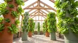 © Proliman - Vertical hydroponic farm towers inside glass greenhouse.