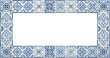 © Monoara - Decorative rectangular frame with blue and white Mediterranean ceramic tile patterns and vintage weathered border design vector