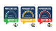 © muaz - Vector graphic illustrating novice, intermediate, and expert proficiency levels with gauges and speech bubbles.