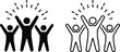 © Angel - Successful team celebration icons, happy people with raised hands in black silhouette and outline style, group victory and achievement symbols