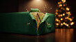 © Rendara Studio - 3D torn Christmas gift wrapping revealing golden package with festive lights