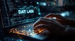 © btiger - Close-up of hands typing on a laptop with glowing orange keyboard and neon blue code on screen reading data leak, tense nighttime cybersecurity scene