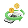 © Kit - High-angle 3d render of a sleek black smartphone displaying a minimal digital wallet ui, encircled by a glossy green claymorphism arrow, isolated on transparent, successful conceptual representation