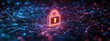 © Milana - glowing neon padlock hovering over an interconnected digital network mesh of blue and pink nodes conveying futuristic protection and vigilant cybersecurity