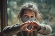 © Alexei - Young girl wearing a gray face mask forms a heart shape with her hands while smiling, sitting by a window with soft natural light illuminating the scene