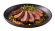 © ROCKETX - Isolated gourmet sliced steak, medium-rare, on dark plate with fresh thyme and crunchy garnish.