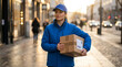 © Mirivox - A woman in a blue jacket and cap carries a package on a city street at sunset, representing delivery service and urban logistics
