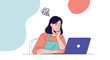 © Sobuj - Stressed woman wearing an apron sitting at a laptop and thinking deeply with a confused expression on her face.