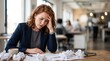 © Eve - Stressed redhead businesswoman suffering from headache and burnout at office desk with crumpled paper. Exhausted female entrepreneur dealing with financial crisis or failure.