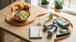 © NRD - Balanced weight loss journey, healthy lifestyle, fitness nutrition concept with meal, tape and exercise tools.