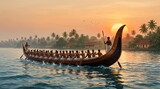 Traditional kerala snake boat race at sunset with rowers on tropical river and palm trees in onam festival